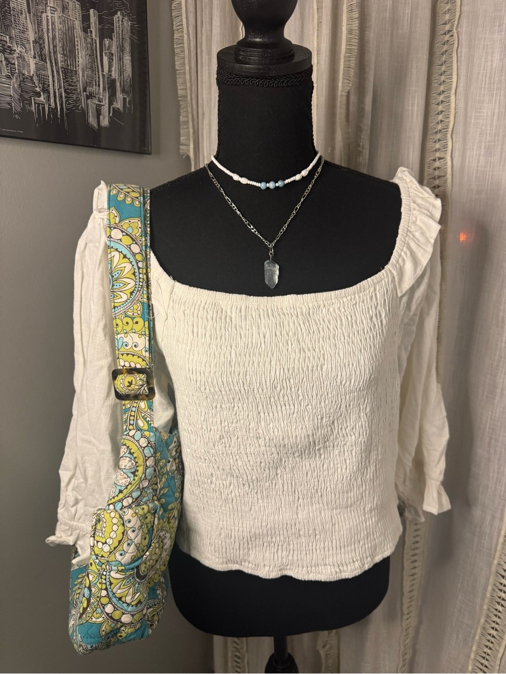 Heyson White Smocked Square-Neck Blouse with Puff Sleeve